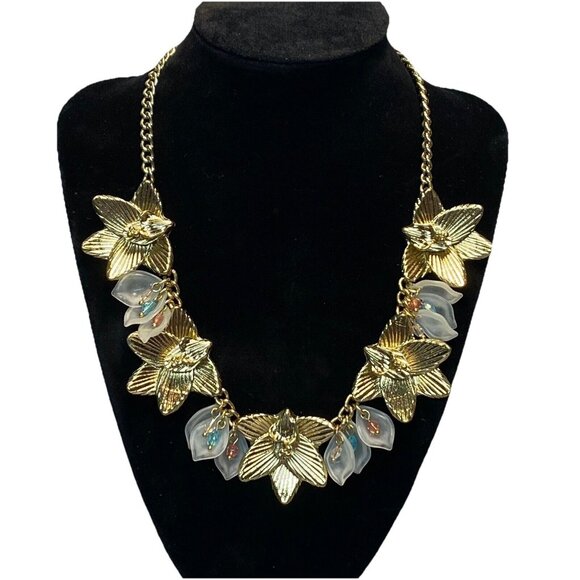 NY Statement Necklace Gold Tone Flower Bib Modernest Lotus Lily Colored Gems - Picture 1 of 6